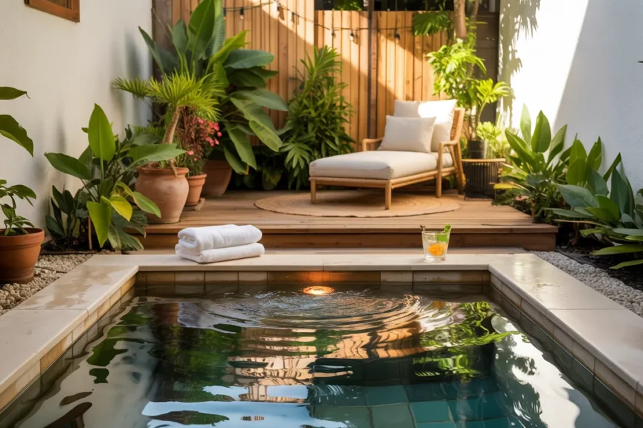 Stylish small backyard with modern plunge pool, wood deck, gravel, plants, and summer decor creating a bright Pinterest-worthy cover image.