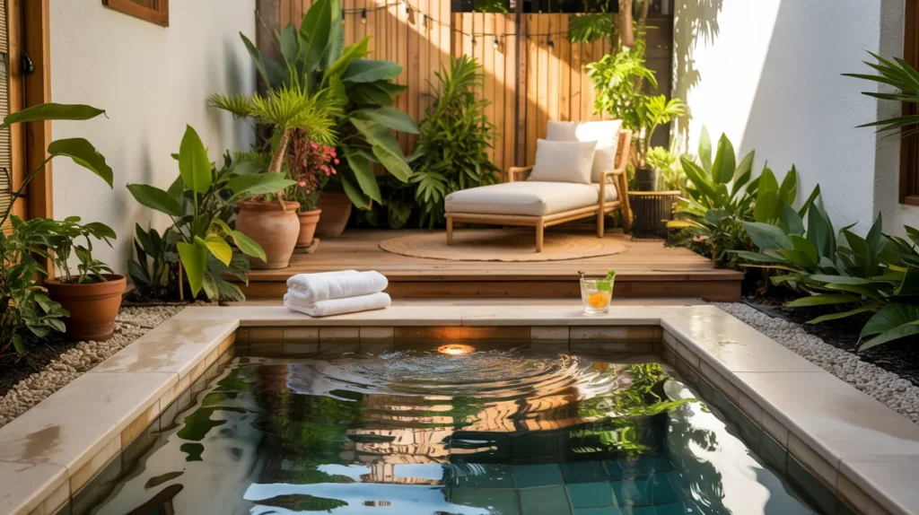 Stylish small backyard with modern plunge pool, wood deck, gravel, plants, and summer decor.