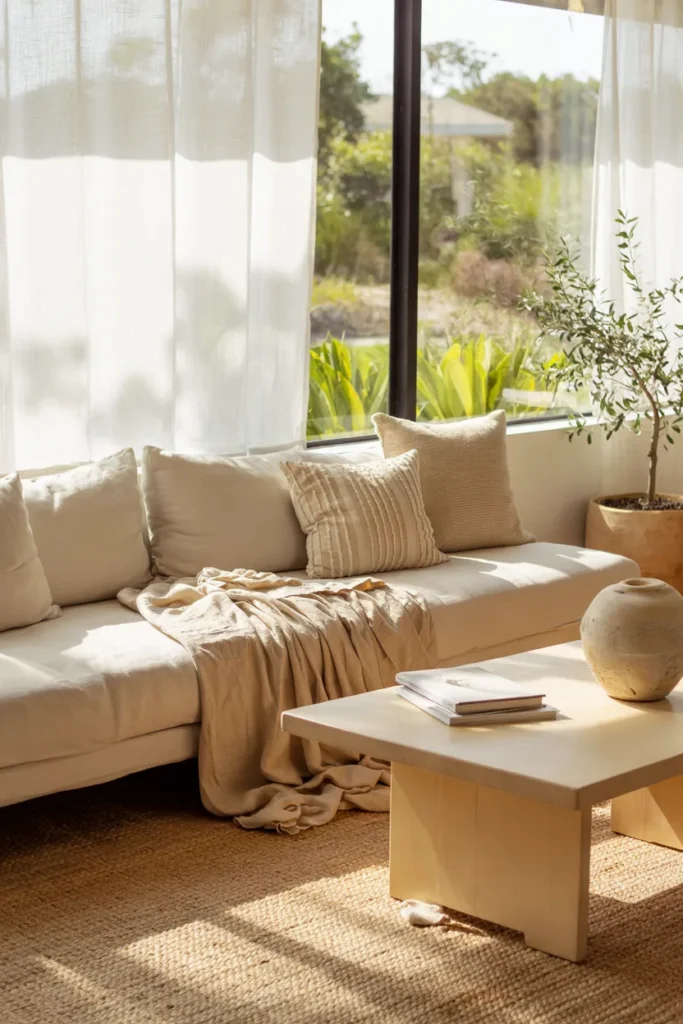 Modern summer living room with cozy lightweight textiles, linen cushions, woven rug, neutral tones, and full soft airy interior view.