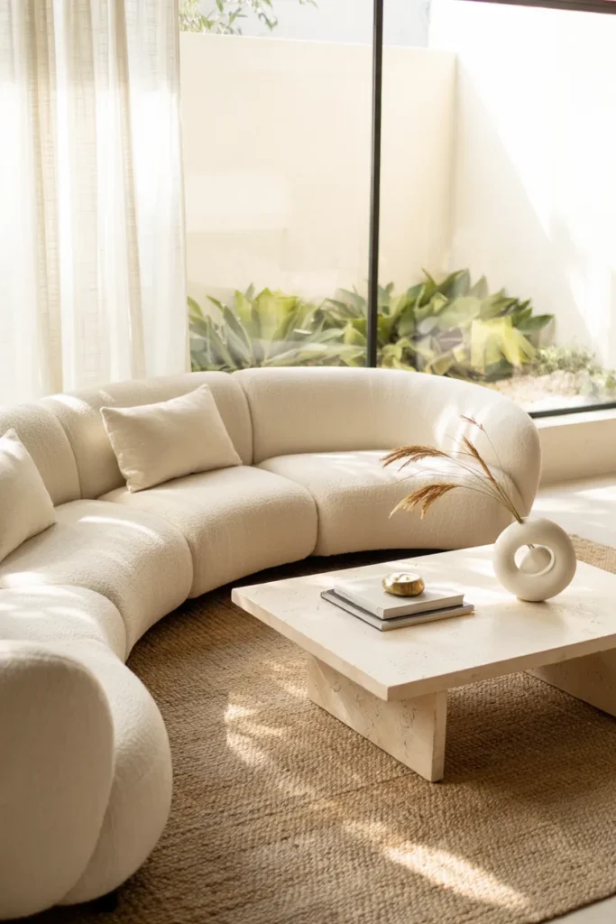 Modern summer living room with curved sofa, soft neutral tones, organic shapes, warm sunlight, and full airy interior view.