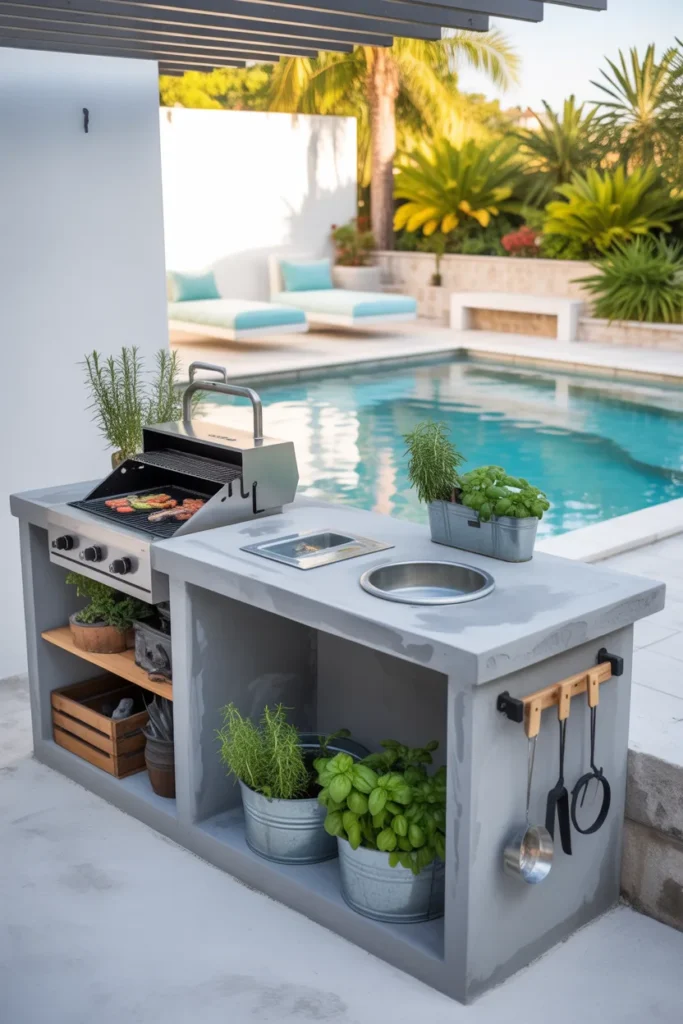 A modern budget-friendly outdoor BBQ station with DIY concrete counters and a portable stainless steel grill, set beside a fresh turquoise plunge pool with tropical plants and a sleek industrial summer backyard design.