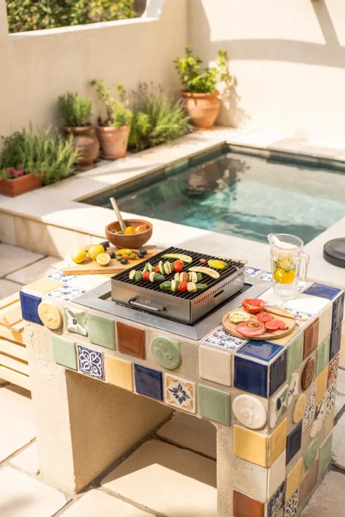 A colorful DIY tiled BBQ countertop with a stainless steel grill, Mediterranean-style summer ingredients, and a fresh turquoise plunge pool in a stylish modern backyard.