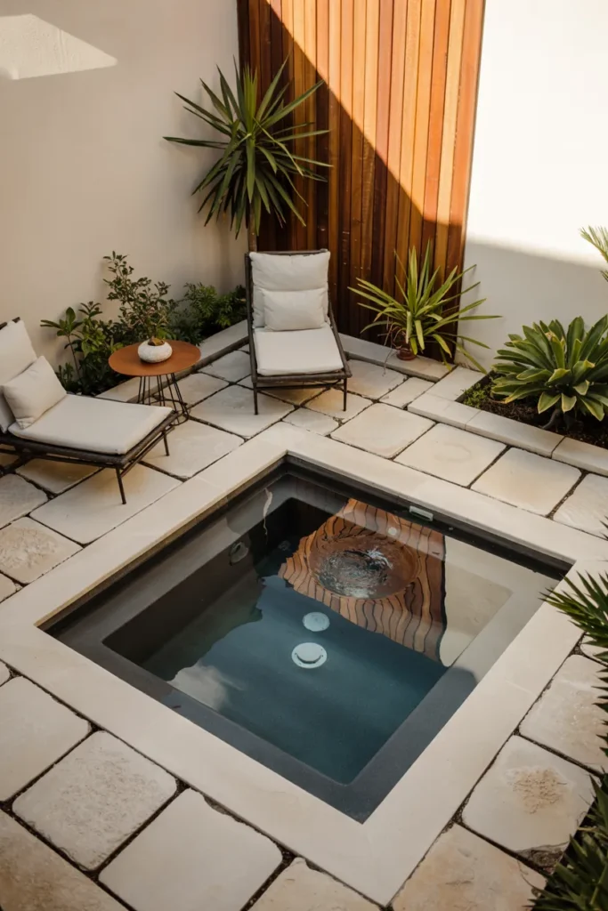 Small plunge pool with dark interior finish, reflective deep water, modern patio, and luxe compact backyard summer design.