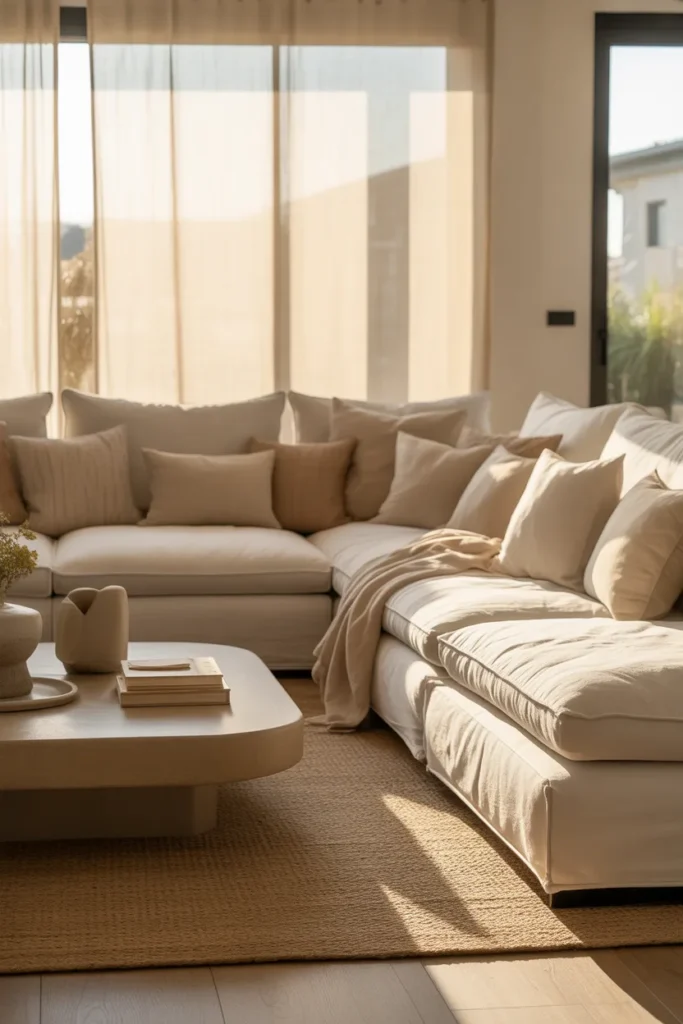 Modern summer living room with deep-seated oversized sofa, neutral tones, soft sunlight, and full cozy lounge-style interior view.