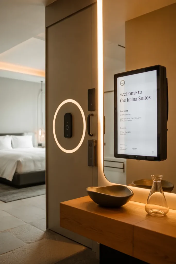 Modern guest suite entry with smart lock door and wall-mounted tablet for digital check-in, styled in soft taupe, black accents, and warm ambient lighting.
