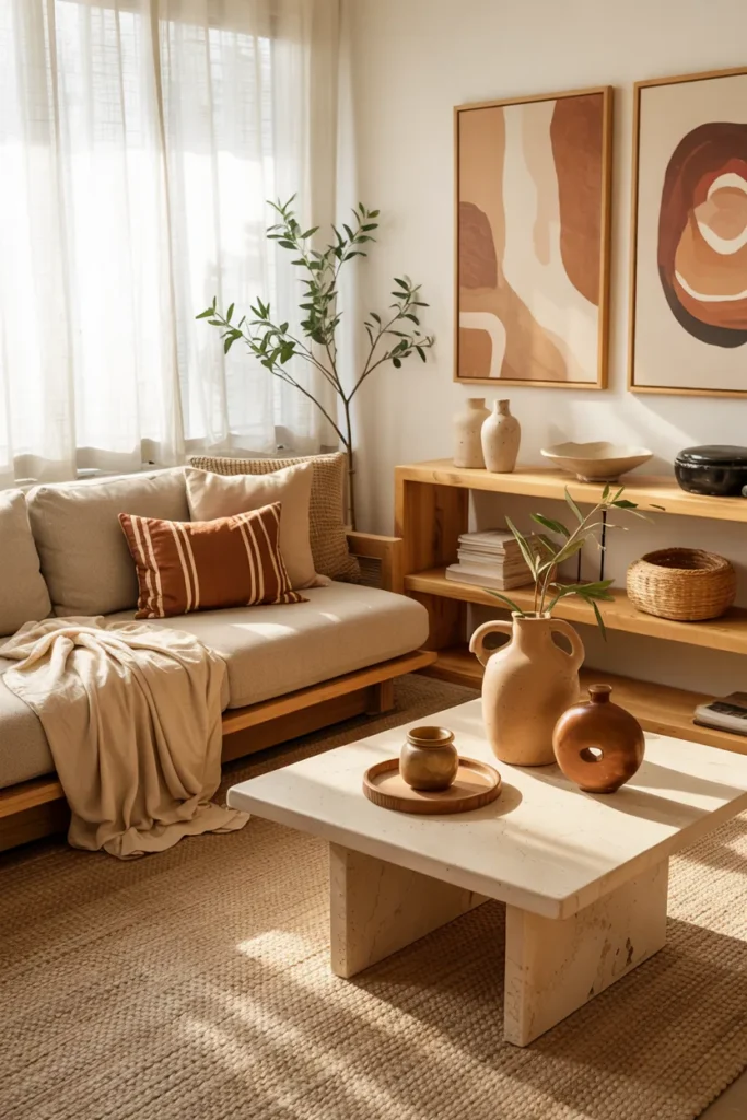 Modern summer living room with earthy color palette, terracotta and olive accents, warm neutral tones, sunlight, and full cozy interior view.