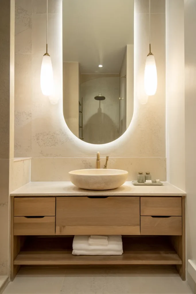 Spa-style bathroom with floating oak vanity, sculptural lighting, vessel sink, and warm stone finishes in a modern luxury design.