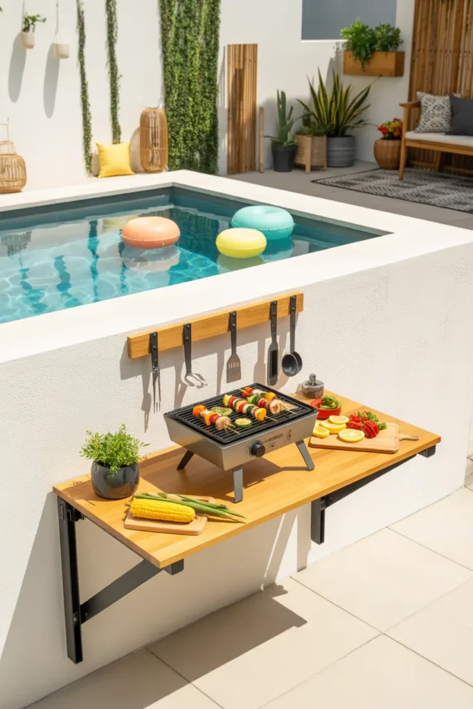 A compact fold-down wall BBQ shelf with a portable grill in a modern small backyard, featuring bright summer decor and a refreshing turquoise plunge pool.