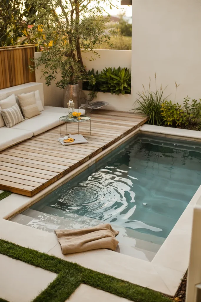 Small plunge pool with foldable wooden deck cover, partially open water, and modern compact patio that converts into usable space.