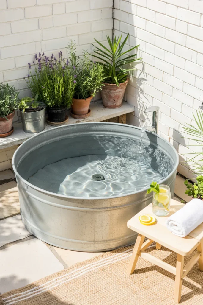 Galvanized metal tub plunge pool with clear water, cozy patio decor, woven rug, and fresh summer styling in a small space.