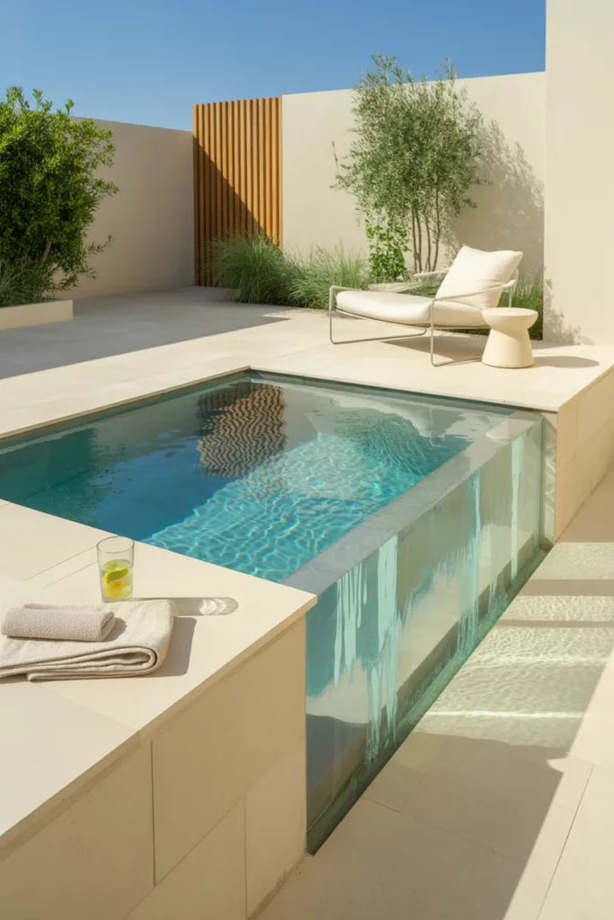 Small plunge pool with glass edges and reflective water, modern light-toned patio, greenery, and a spacious luxury summer feel.