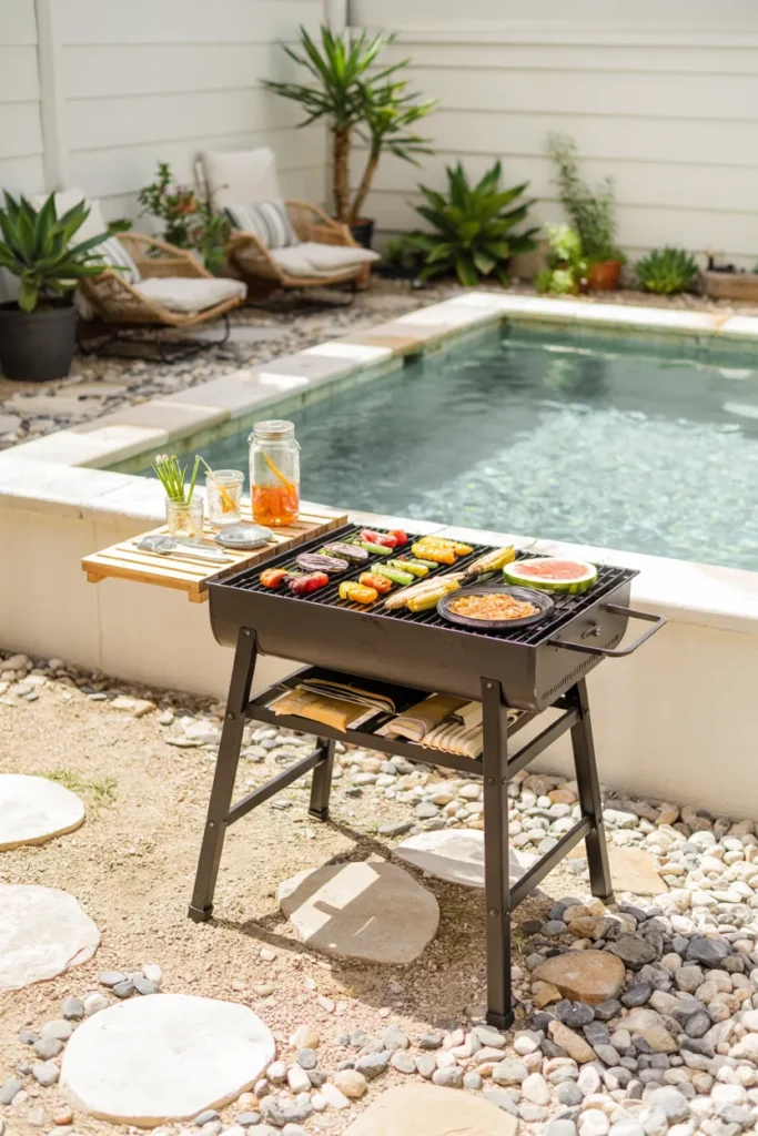A trendy gravel patio BBQ setup with a compact grill, fresh summer foods, and a sparkling turquoise plunge pool surrounded by modern outdoor decor.