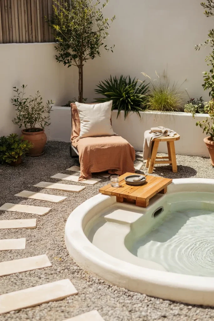 Small plunge pool with gravel surround, clear aqua water, stepping stones, and modern budget-friendly backyard summer design.