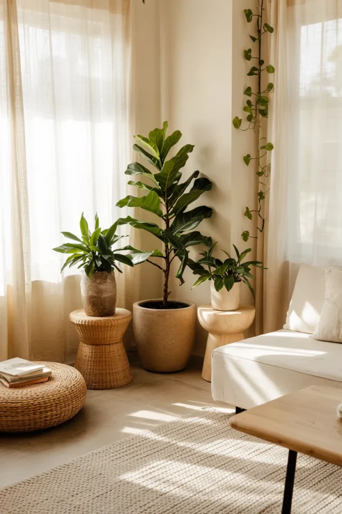 Modern summer living room with a green corner nook, layered indoor plants, natural sunlight, neutral tones, and a full airy interior view.