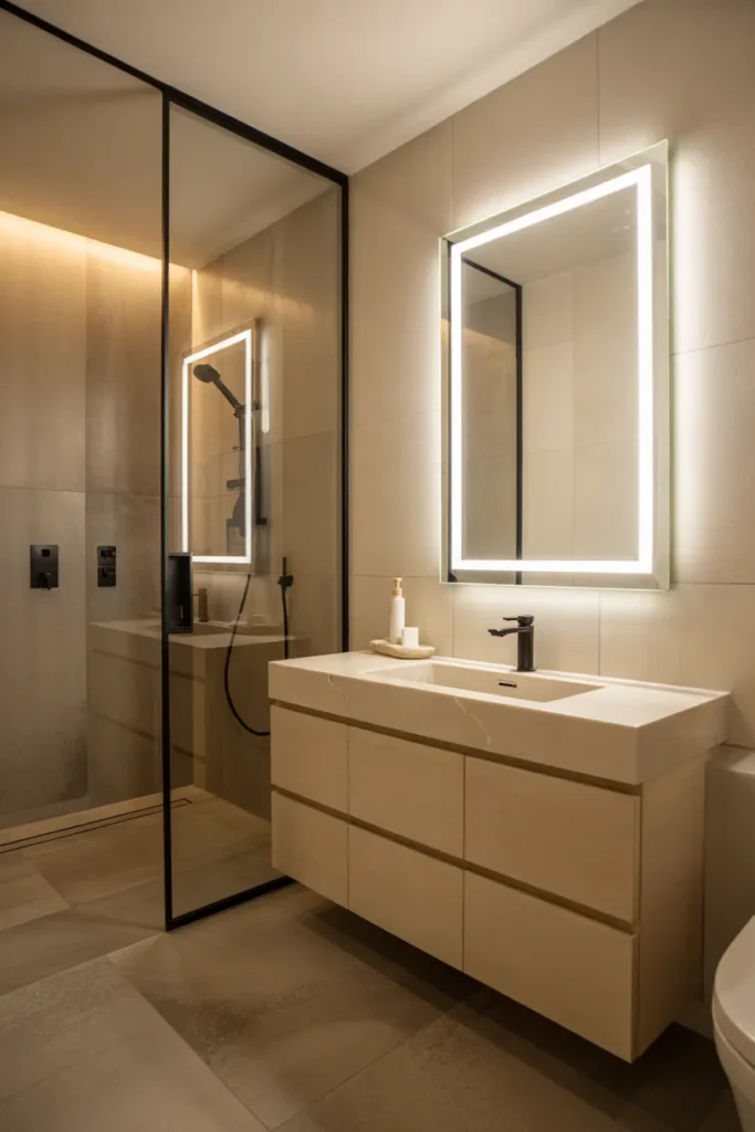 Modern spa bathroom with heated stone floors, smart mirror display, floating vanity, and soft ambient lighting in a boutique hotel style.