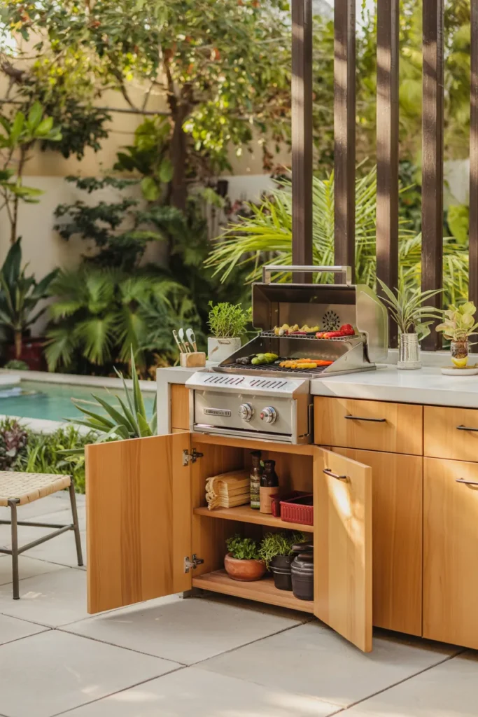 A modern hidden BBQ cabinet station with open doors revealing a stainless steel grill, styled with fresh summer ingredients in a clean and elegant backyard setting.