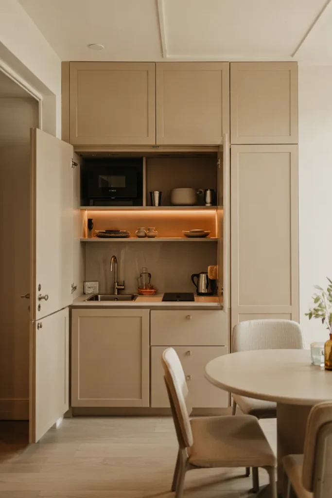 Minimalist guest suite with hidden kitchenette, concealed appliances, taupe cabinetry, and a clean boutique hotel-style design.