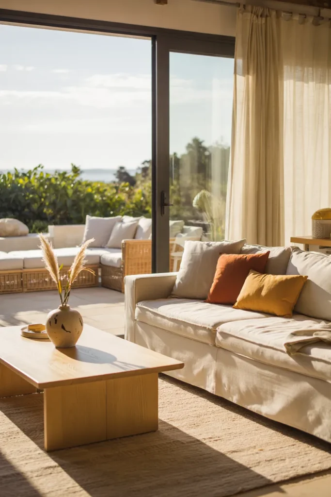 Modern summer living room with indoor-outdoor flow, open glass doors, cohesive neutral tones, and full airy interior connecting to patio.