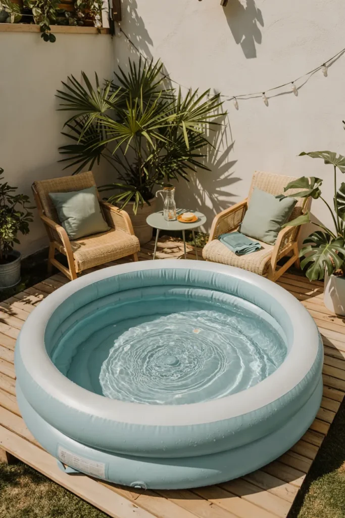 Inflatable plunge pool in a small patio with clear water, cozy seating, citrus drinks, and fresh summer decor in soft neutral tones.