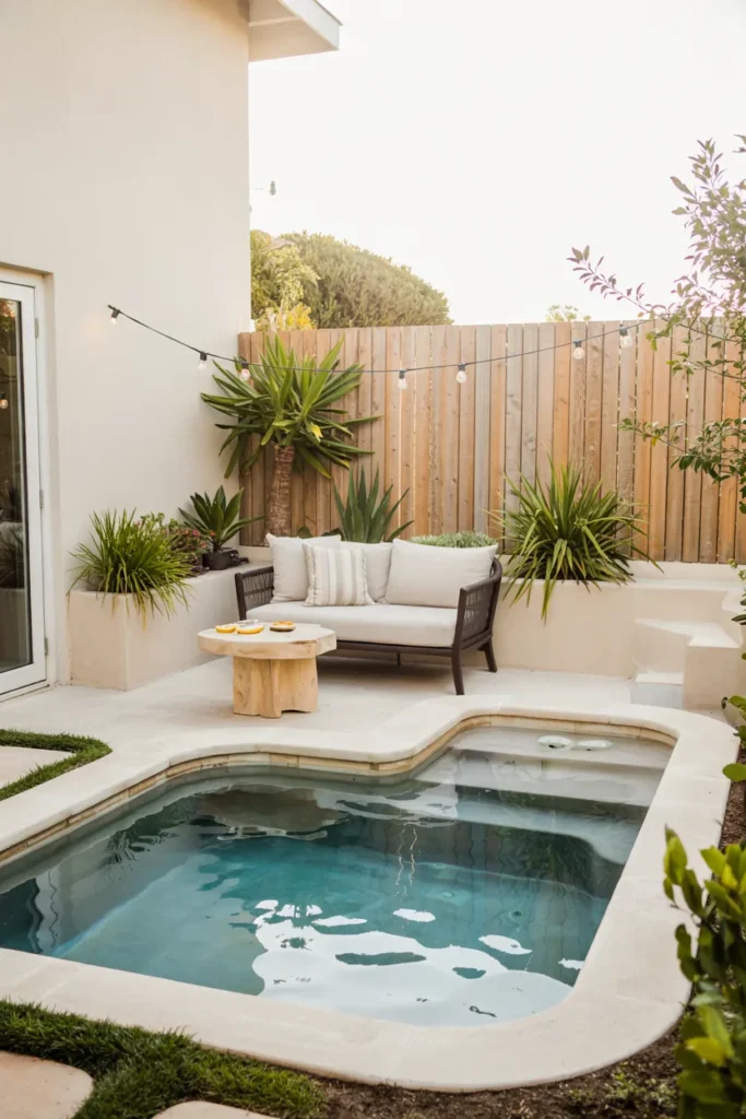 Small L-shaped plunge pool wrapping around a patio with clear aqua water, modern seating, and compact summer backyard design.