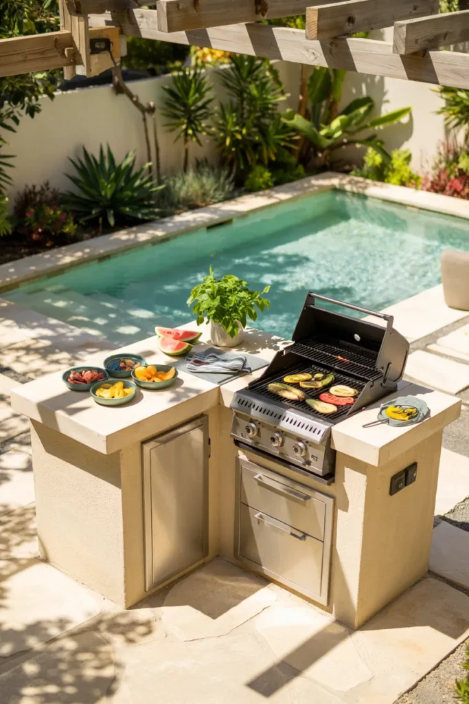 An L-shaped compact BBQ layout designed for corner spaces, featuring a built-in grill, fresh summer foods, and a stylish modern backyard setting with optional plunge pool or seating area.