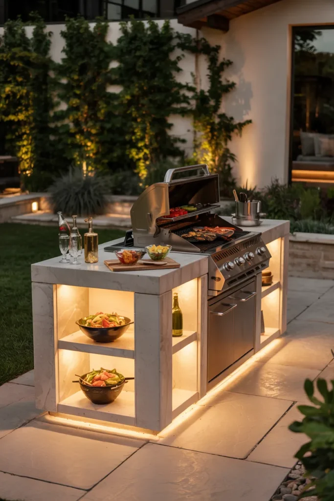 A modern LED-lit BBQ station glowing at night with layered lighting, fresh summer styling, and a sleek backyard design with optional illuminated plunge pool.