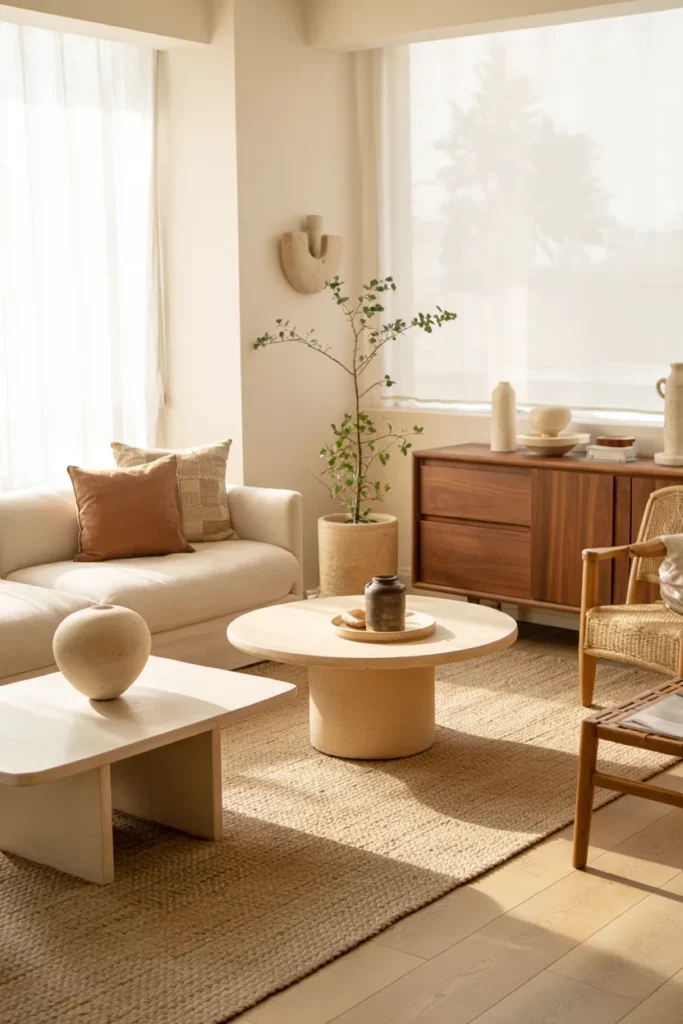 Modern organic summer living room with light wood furniture, oak and rattan accents, clean lines, neutral tones, and full airy interior view.