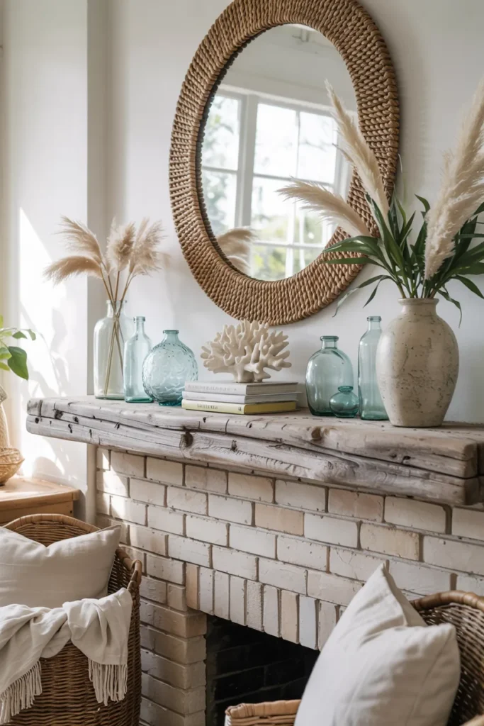 Limewashed coastal fireplace mantel with driftwood shelf, pale blue sea-glass bottles, rattan mirror, coral decor, and airy summer beach house styling in a bright living room.