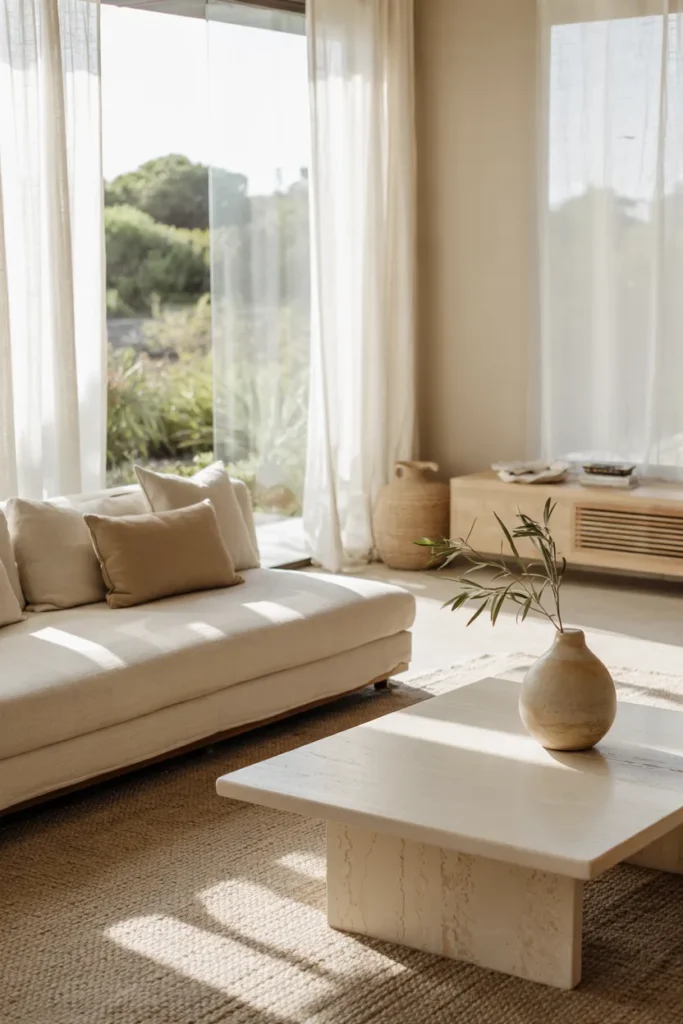 Modern summer living room with low-profile sofa and table, neutral tones, airy sunlight, and full relaxed minimalist interior view.
