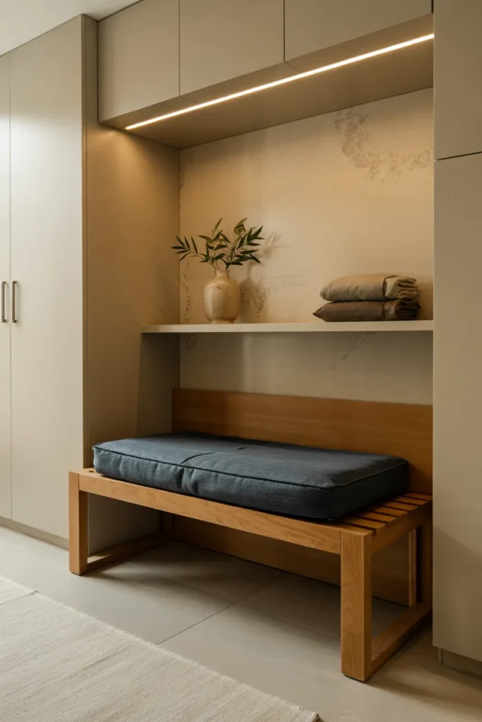 Modern guest suite luggage bench with built-in storage, oak cabinetry, soft lighting, and a clean hotel-style drop zone design.
