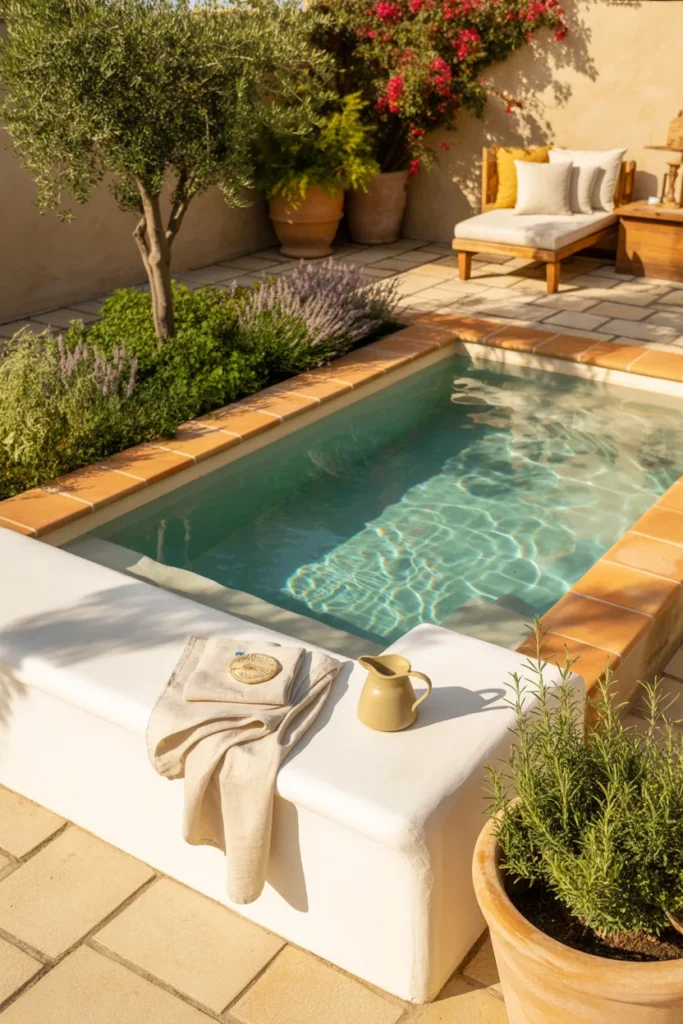 Small Mediterranean-style plunge pool with white plaster walls, terracotta accents, olive trees, and warm sunlit summer tones.