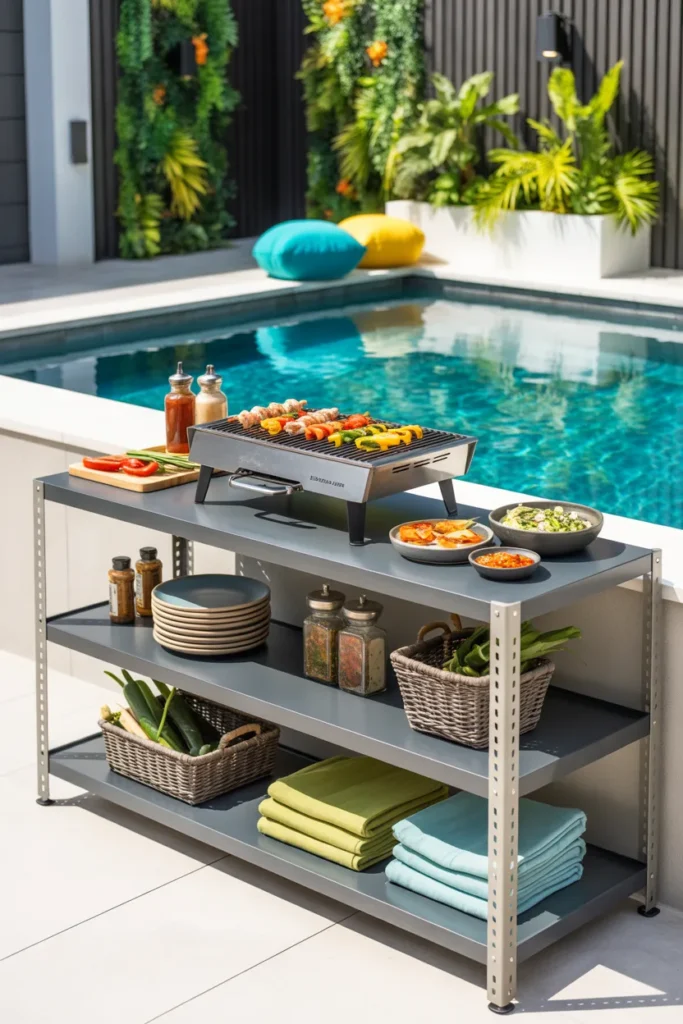 An industrial-style metal shelf BBQ station with organized prep counters, colorful summer ingredients, and a modern turquoise plunge pool in a stylish outdoor setting.