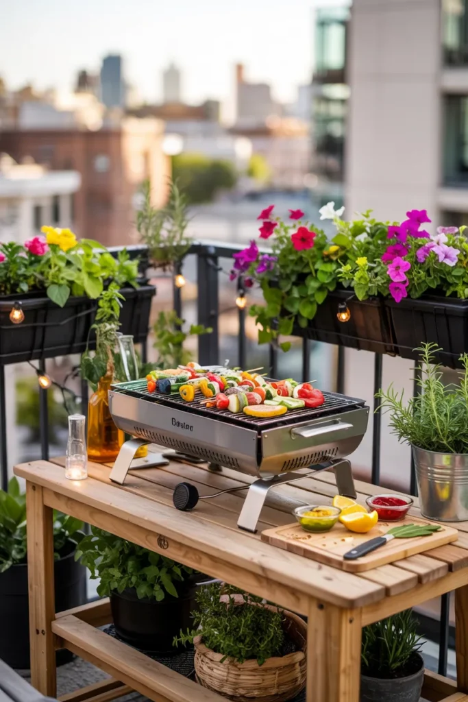 A compact mini balcony BBQ setup with a tabletop grill, fresh summer foods, lush railing plants, and a bright urban backdrop perfect for small apartment spaces.