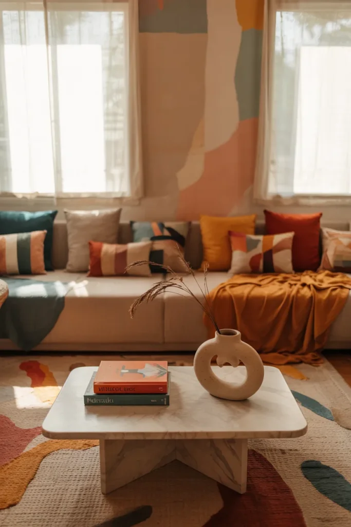 Colorful modern summer living room with minimal styled coffee table, books tray ceramic vase, warm vibrant tones, and full expressive interior view.