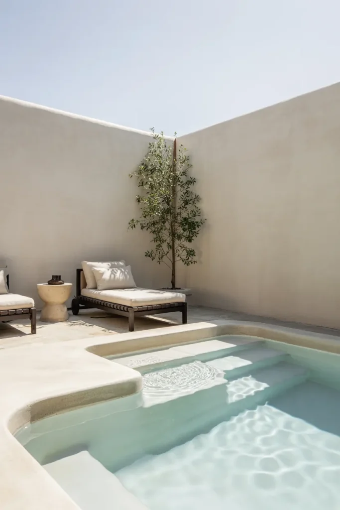 Small concrete plunge pool with minimalist finish, clear aqua water, seamless patio, and modern compact backyard summer design.