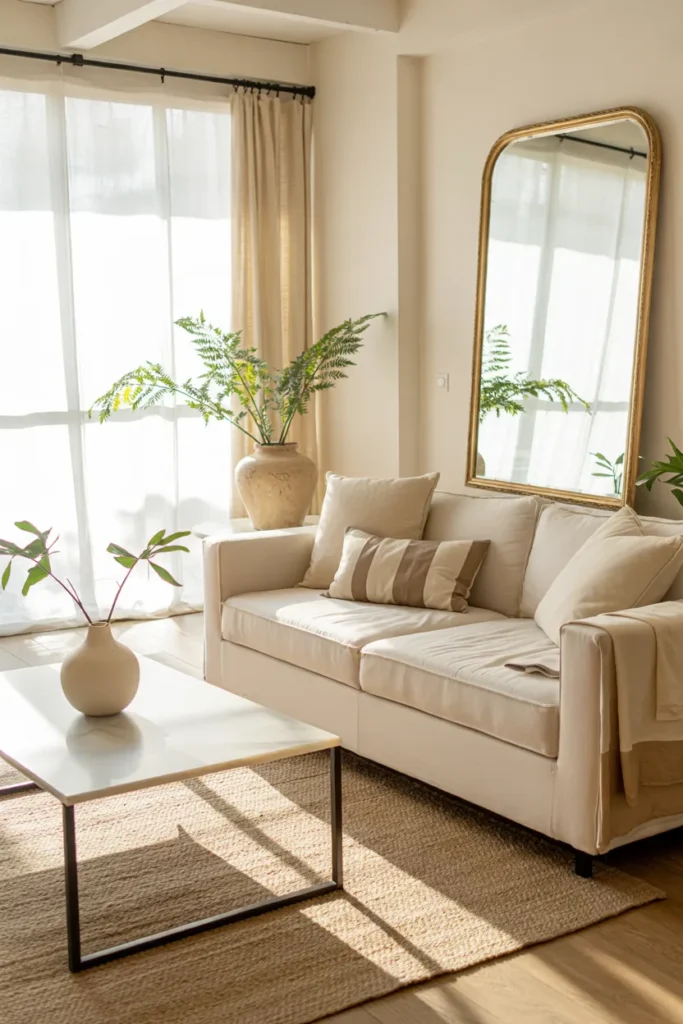 Modern summer living room with mirrors reflecting sunlight, bright neutral tones, airy design, and full luminous interior view.