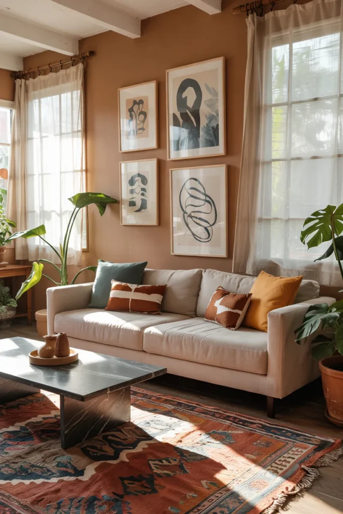 Colorful modern summer living room with vintage and modern furniture mix, warm terracotta and teal tones, layered decor, and full curated interior view.