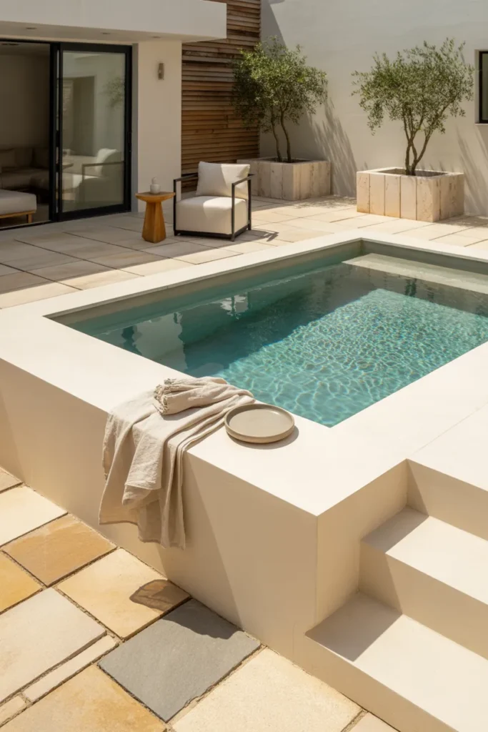 Modern minimalist plunge pool with clean lines, neutral tones, clear aqua water, light stone pavers, and simple summer backyard styling.