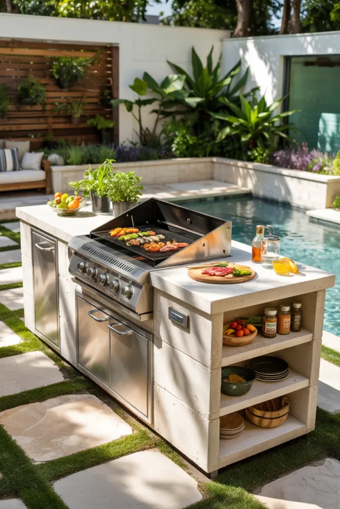 A modern modular BBQ island system with expandable units, built-in grill, and fresh summer styling in a clean backyard setting with optional plunge pool.