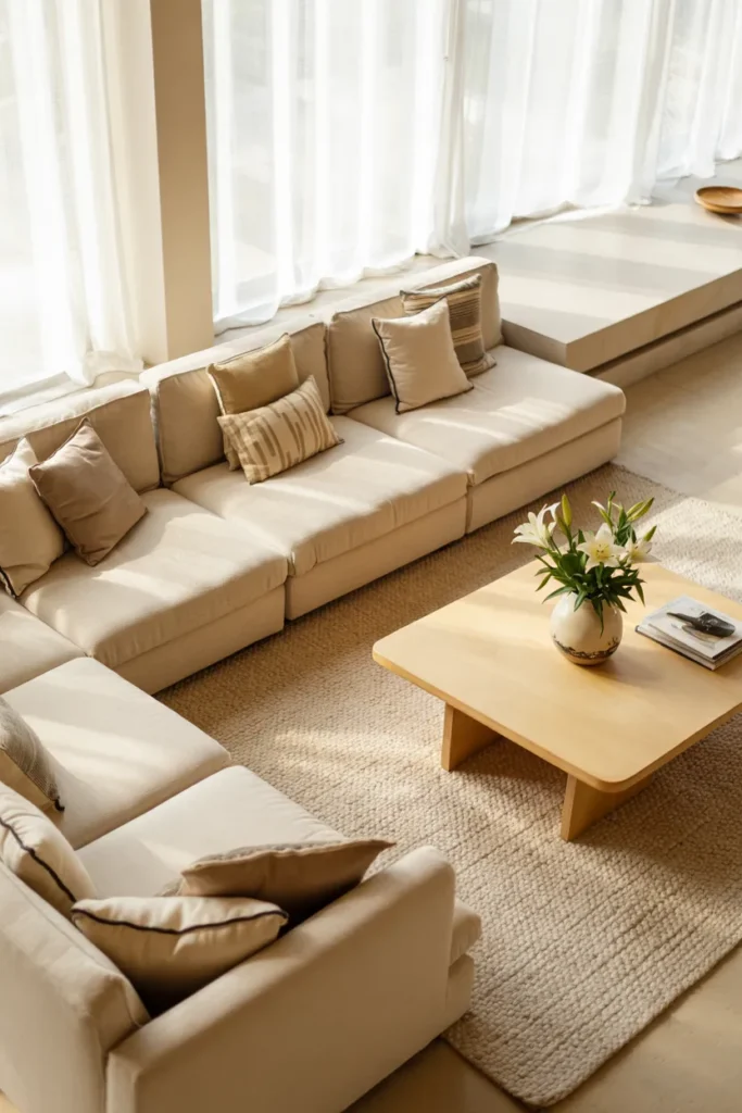 Modern summer living room with modular sofa setup, flexible seating layout, neutral tones, sunlight, and full adaptable interior view.