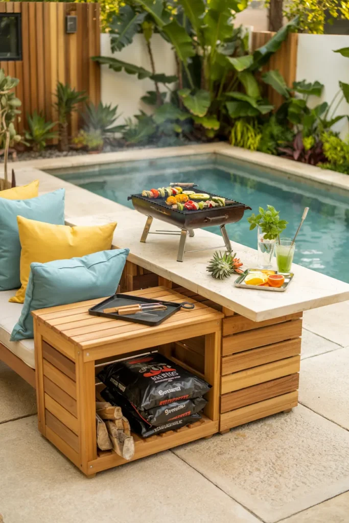 A multi-function bench BBQ area with hidden storage, cozy seating cushions, and a compact grill set in a modern summer backyard with optional plunge pool nearby.