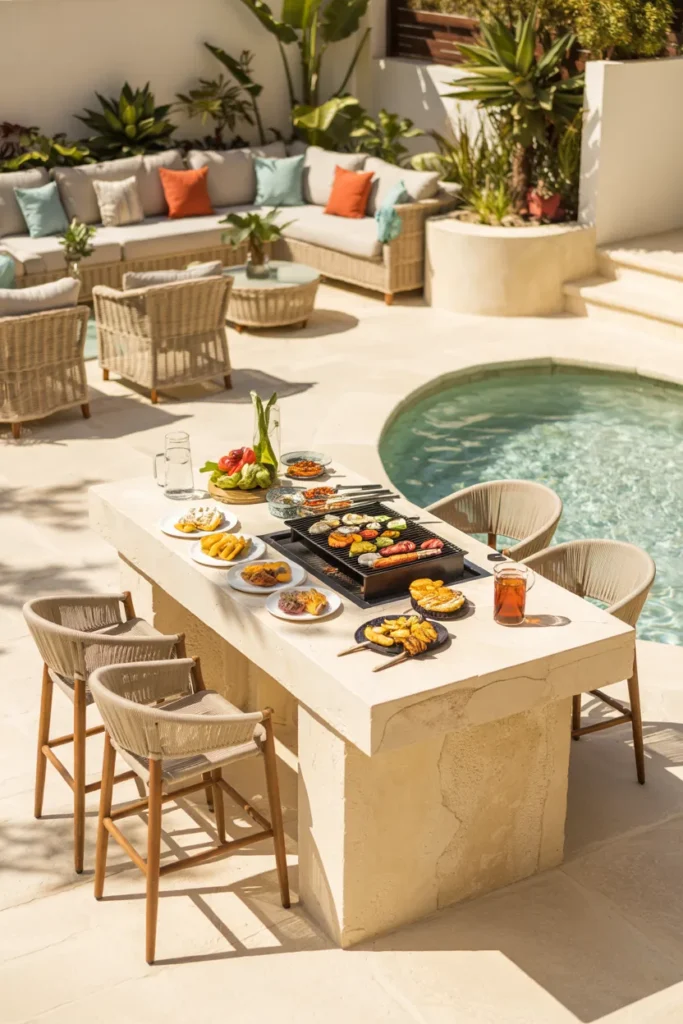 A modern multi-zone outdoor BBQ hub with cooking, prep, seating, and lounge areas arranged in a cohesive summer backyard layout with optional plunge pool.
