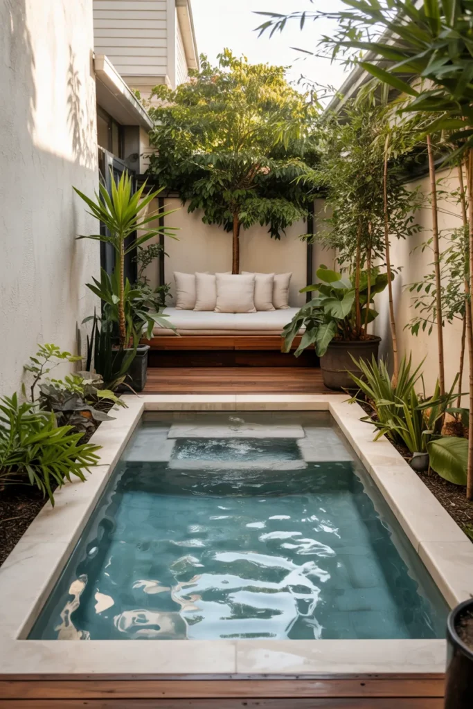 Small narrow linear plunge pool in a side yard with clear aqua water, light wood decking, potted greenery, and modern compact summer styling.
