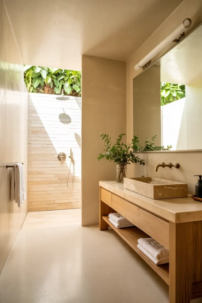 Natural spa bathroom with wood vanity, stone basin, microcement walls, and earthy tones creating a calm, wellness-focused boutique space.