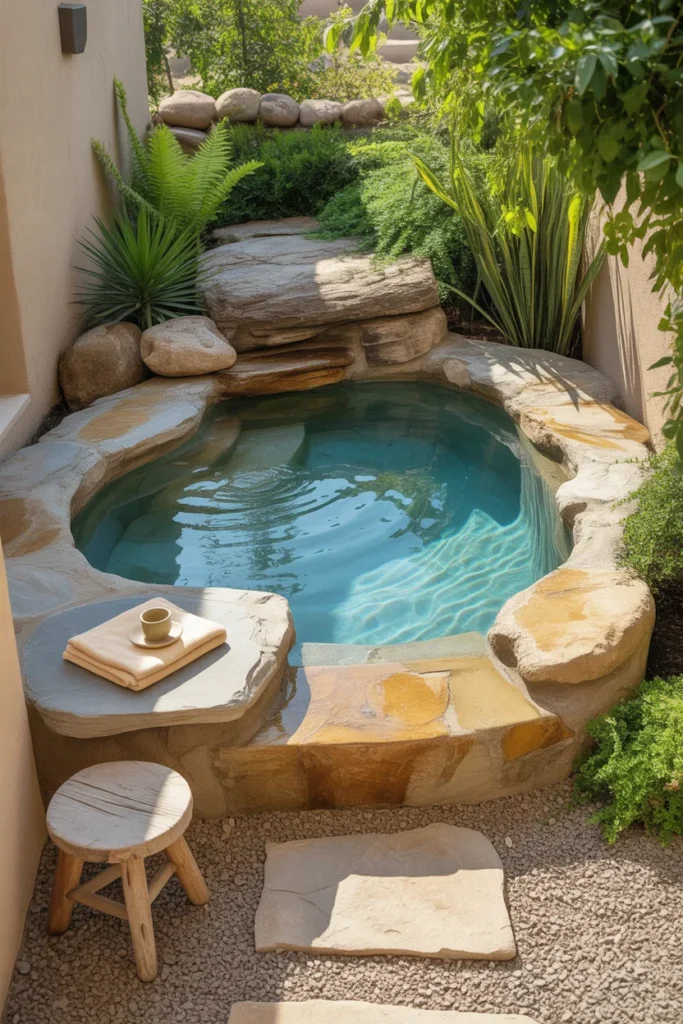 Small natural rock plunge pool with organic shape, stone edging, clear aqua water, lush greenery, and earthy summer backyard styling.
