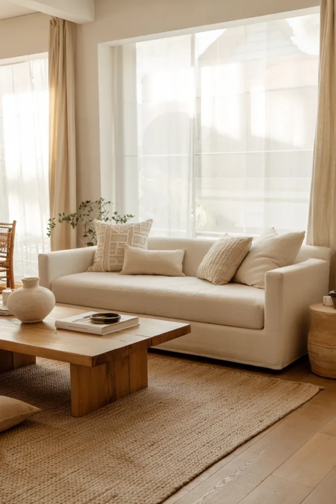 Modern summer living room with layered natural textures including linen, jute, boucle, and wood, warm neutral tones, and full cozy textured interior view.