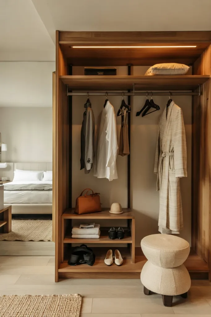 Boutique-style open wardrobe with exposed rails, warm lighting, neatly arranged clothes, and modern guest suite storage design.