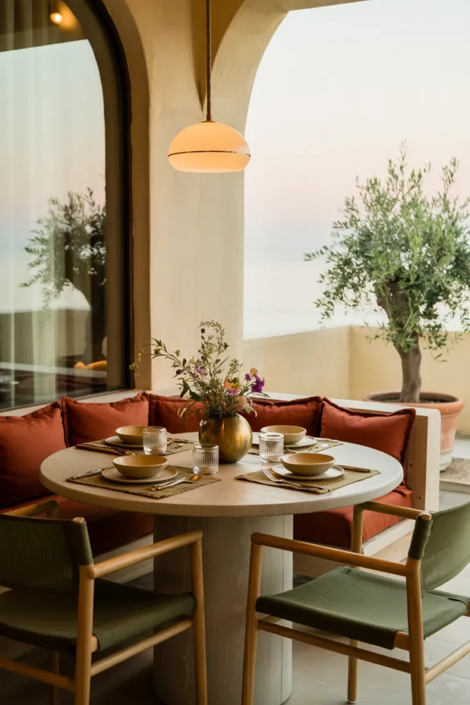 Compact indoor-outdoor dining nook in a boutique guest suite with round table, upholstered chairs, warm wood, and a seamless flexible eating space.