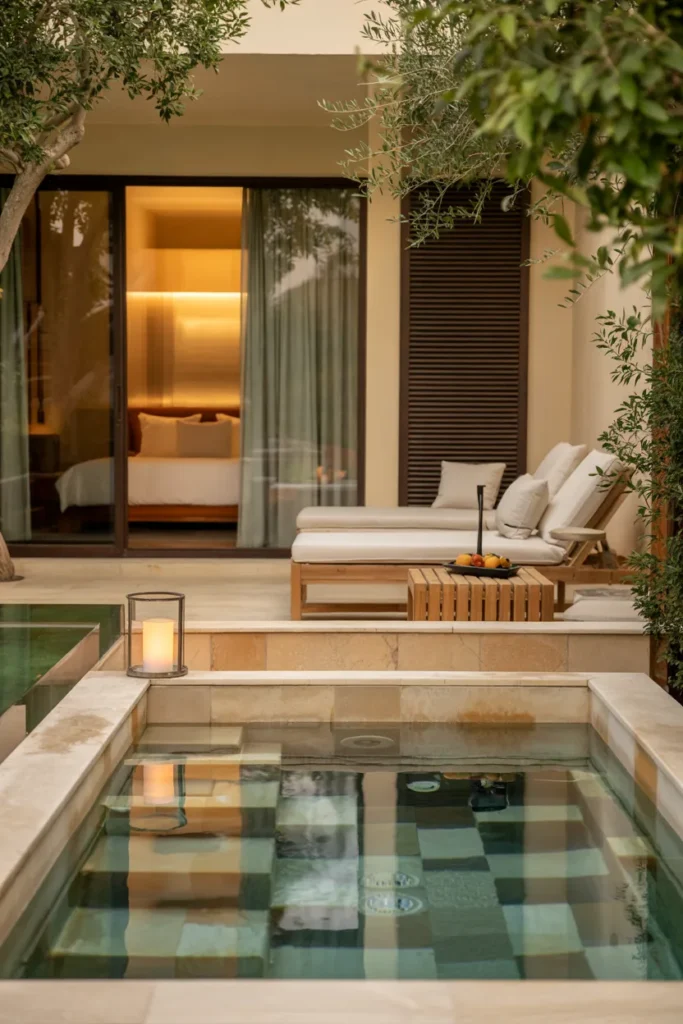 Private plunge pool and jacuzzi in boutique guest suite with travertine stone, soft loungers, lush greenery, and a luxury resort-style outdoor setting.