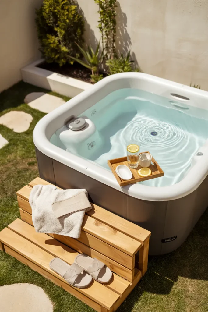 Portable spa plunge pool on a wooden deck with clear water, modern backyard styling, greenery, and summer spa vibe in a small space.